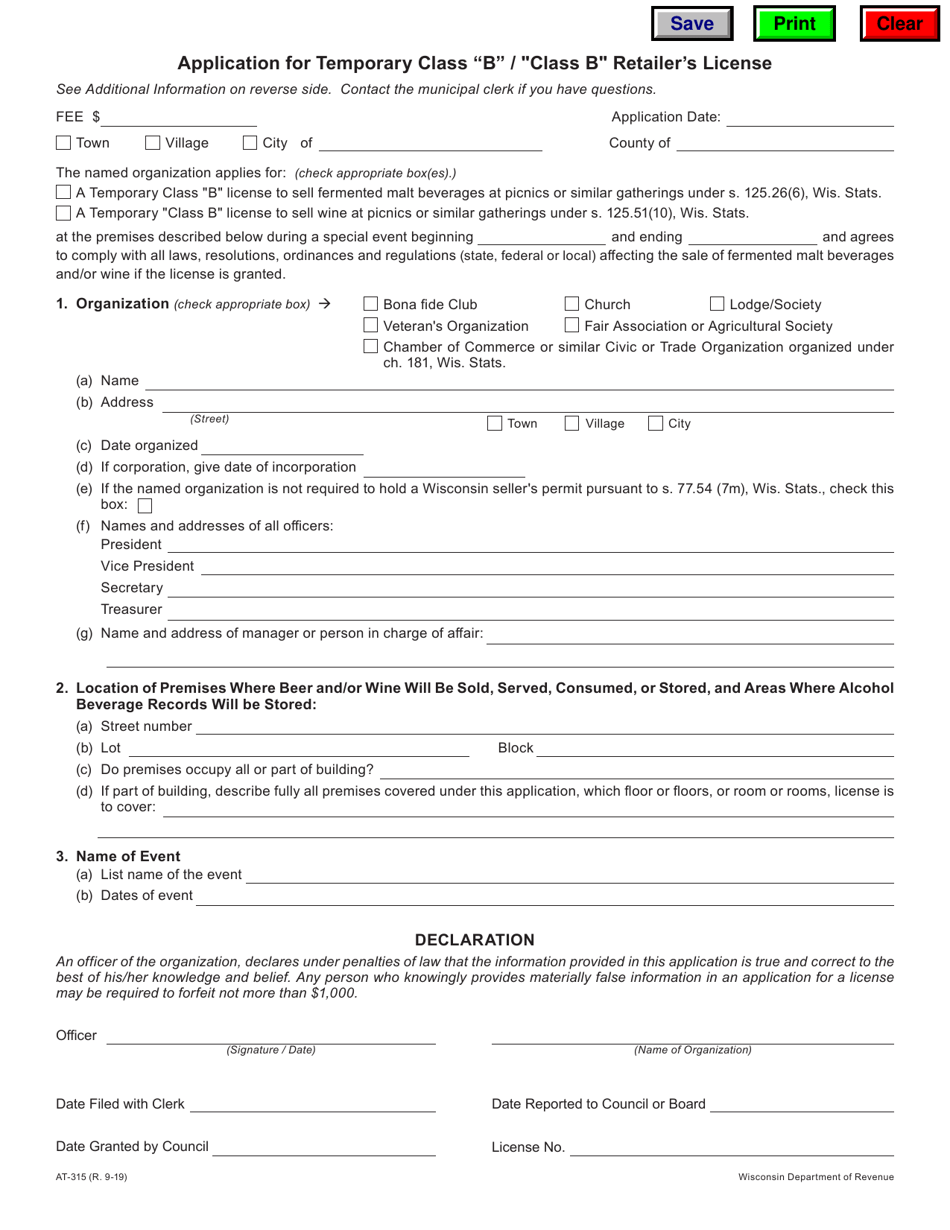 Form AT-315 Application for Temporary Class b / class B Retailers License - Wisconsin, Page 1