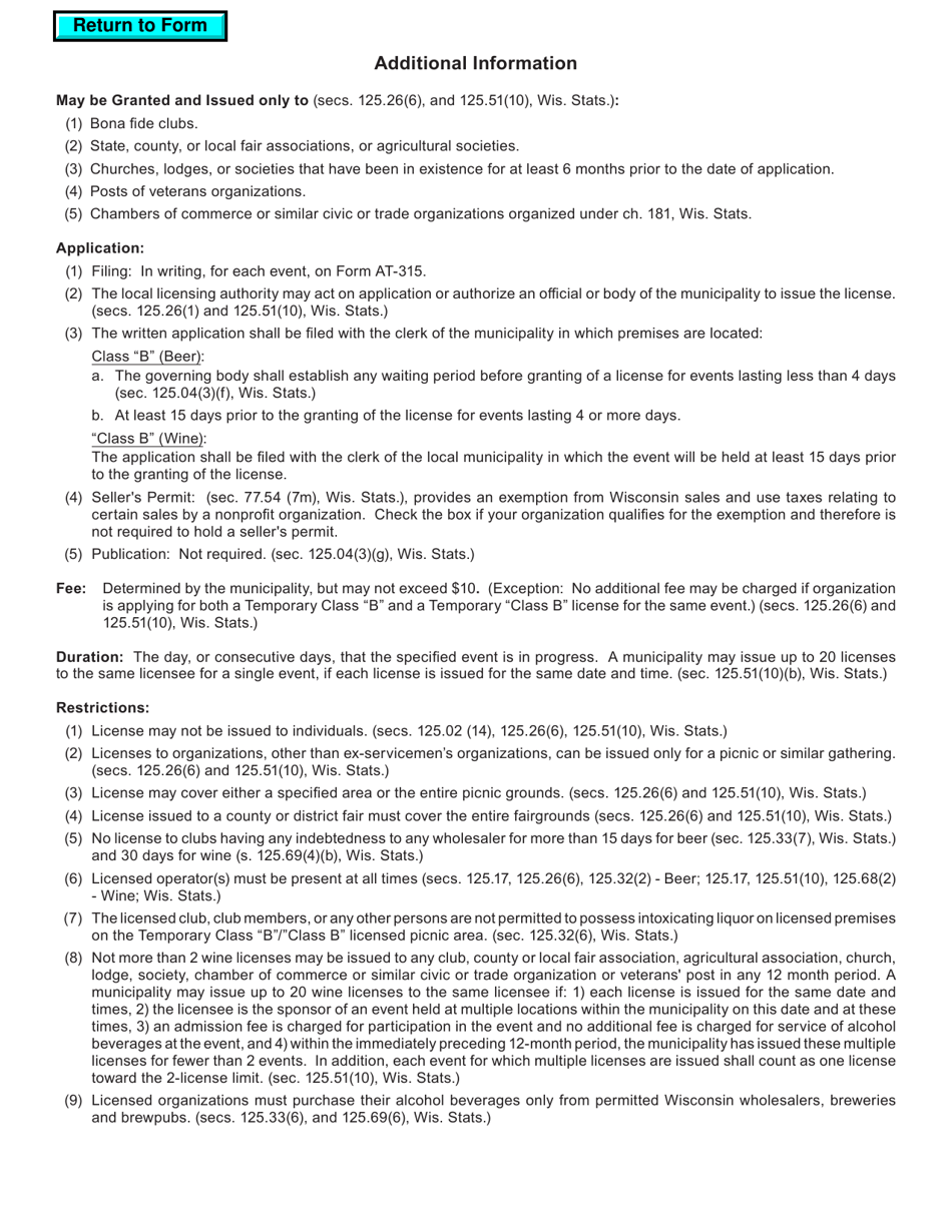 Form AT-315 Application for Temporary Class b / class B Retailers License - Wisconsin, Page 2