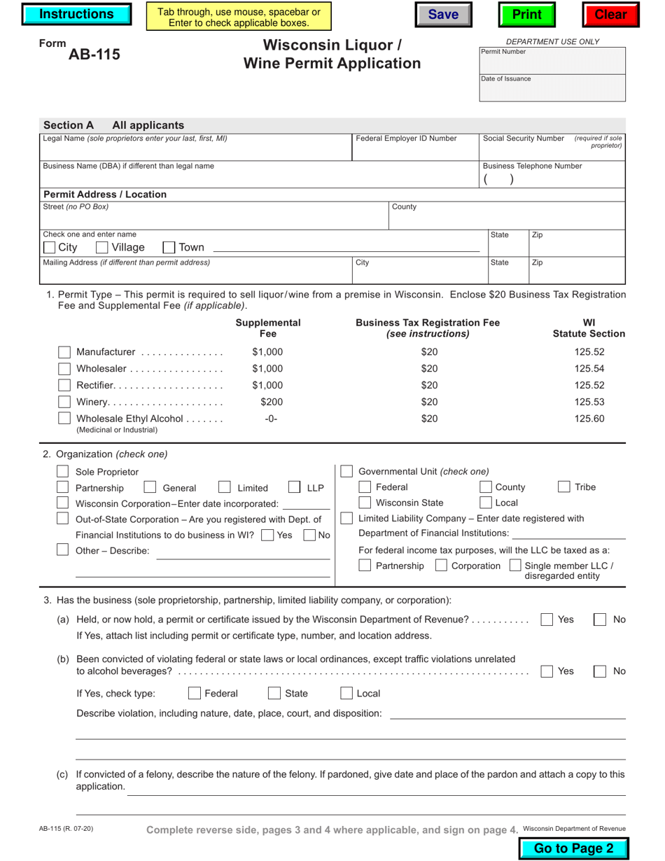 Form AB-115 Wisconsin Liquor / Wine Permit Application - Wisconsin, Page 1
