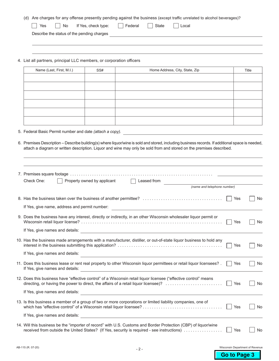 Form AB-115 Wisconsin Liquor / Wine Permit Application - Wisconsin, Page 2