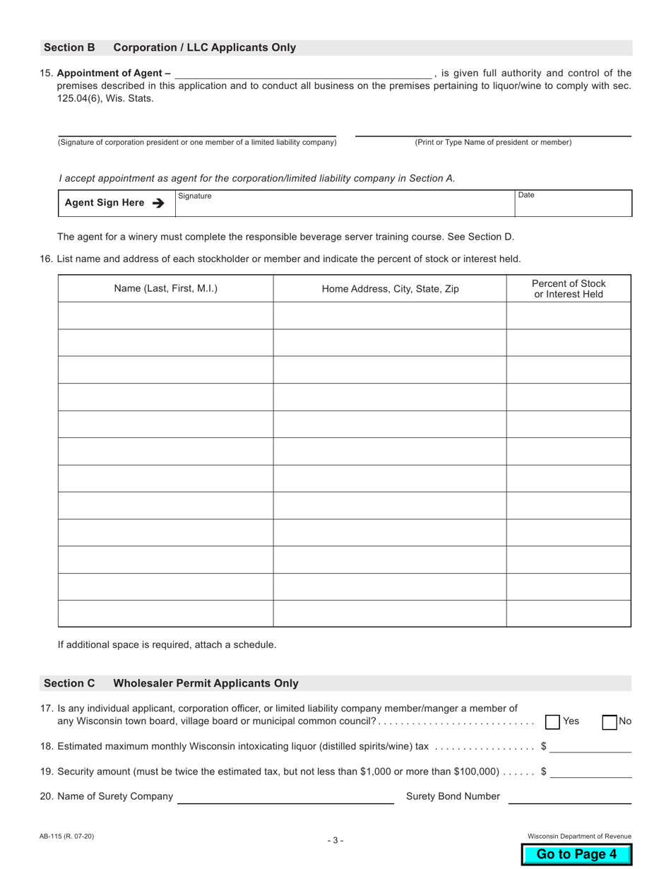 Form AB-115 Wisconsin Liquor / Wine Permit Application - Wisconsin, Page 3