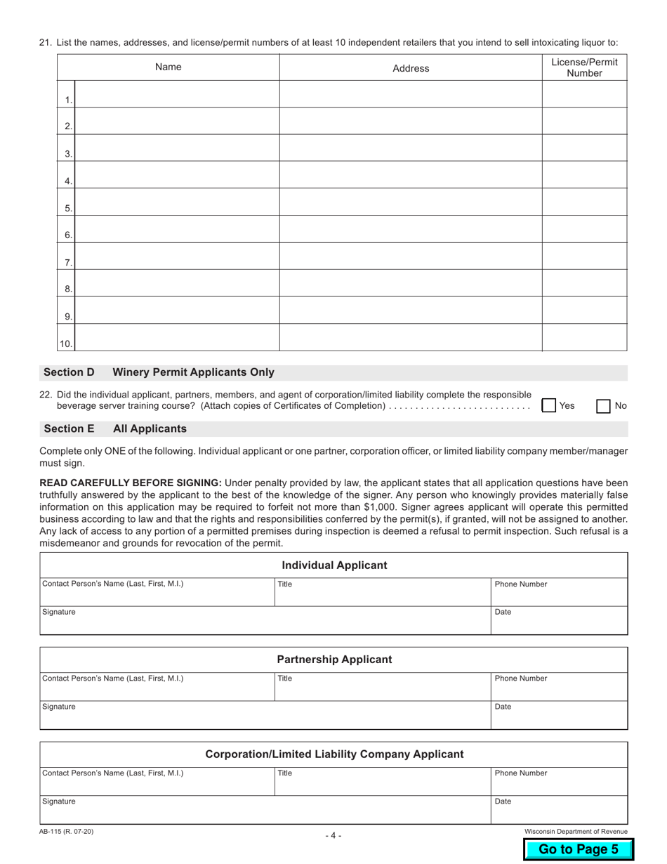 Form AB-115 Wisconsin Liquor / Wine Permit Application - Wisconsin, Page 4