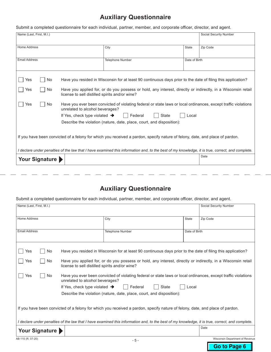 Form AB-115 Wisconsin Liquor / Wine Permit Application - Wisconsin, Page 5