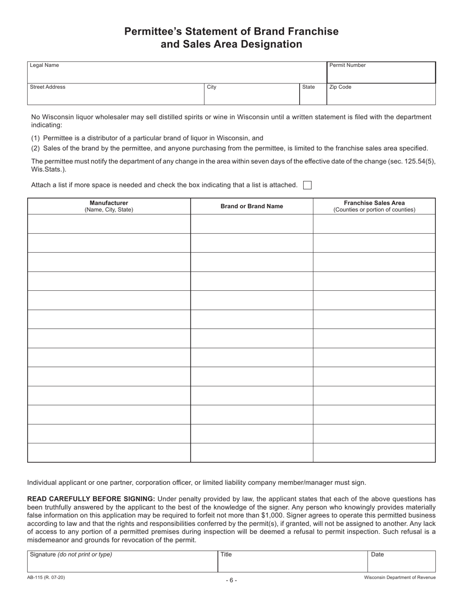 Form AB-115 Wisconsin Liquor / Wine Permit Application - Wisconsin, Page 6