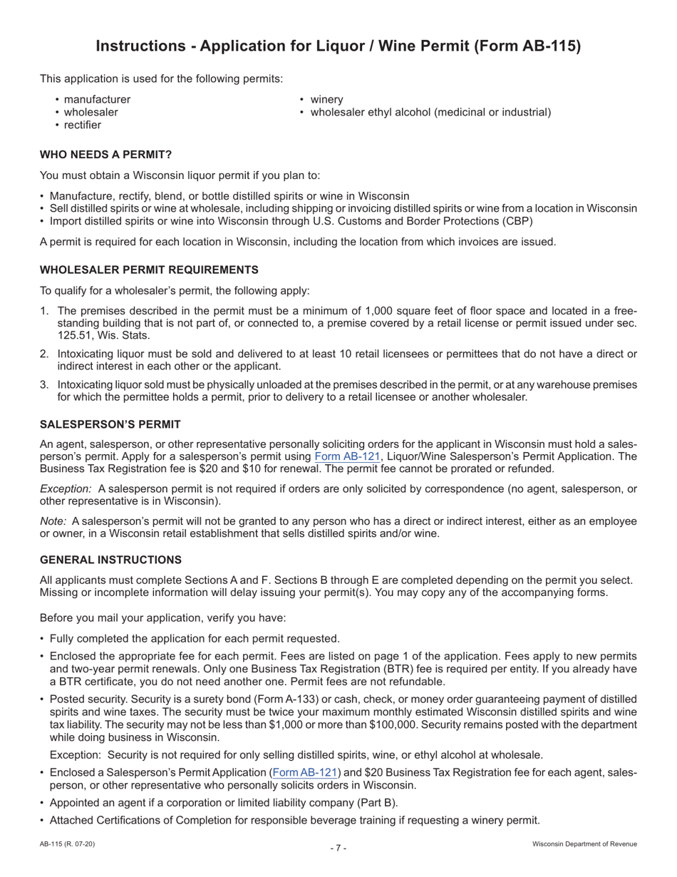 Form AB-115 Wisconsin Liquor / Wine Permit Application - Wisconsin, Page 7
