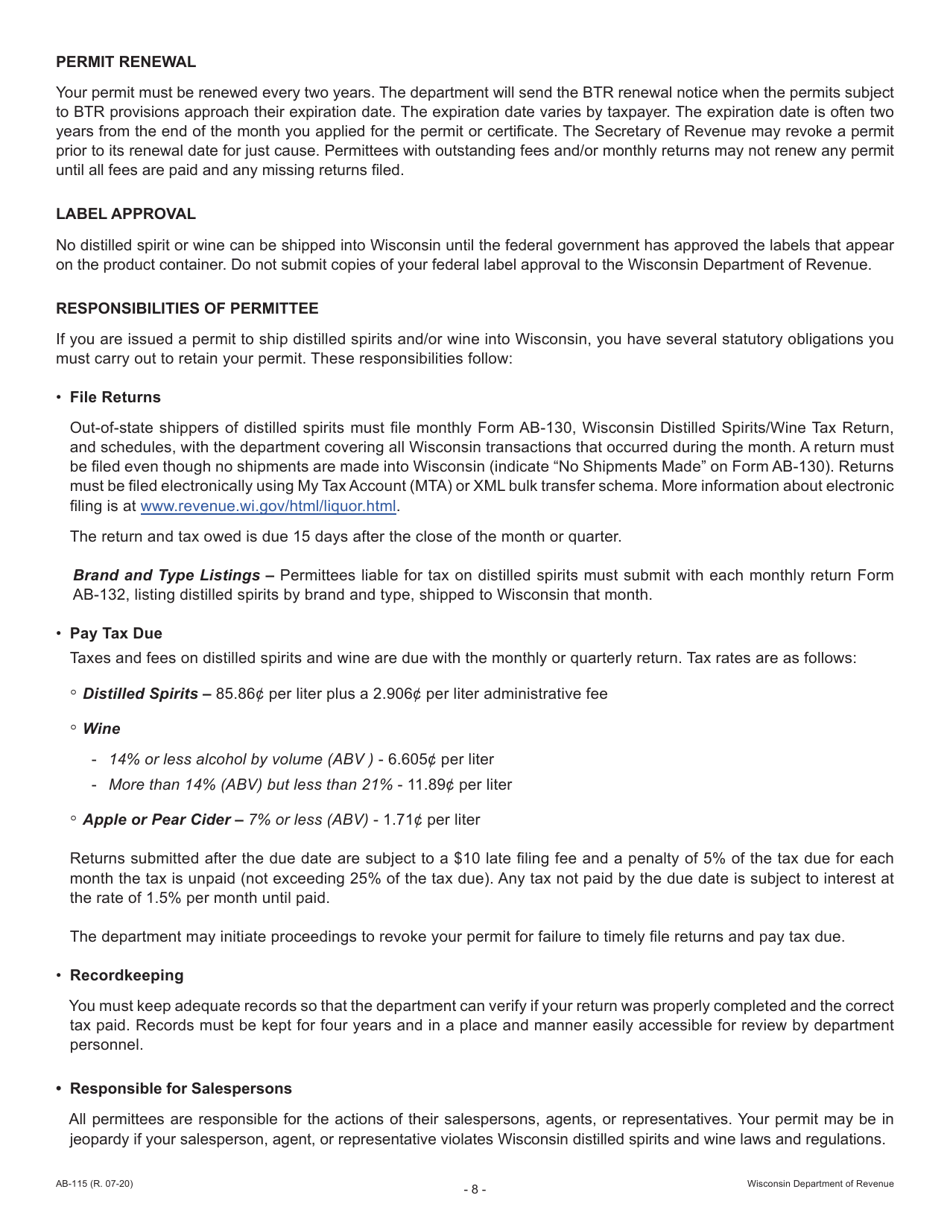 Form AB-115 Wisconsin Liquor / Wine Permit Application - Wisconsin, Page 8