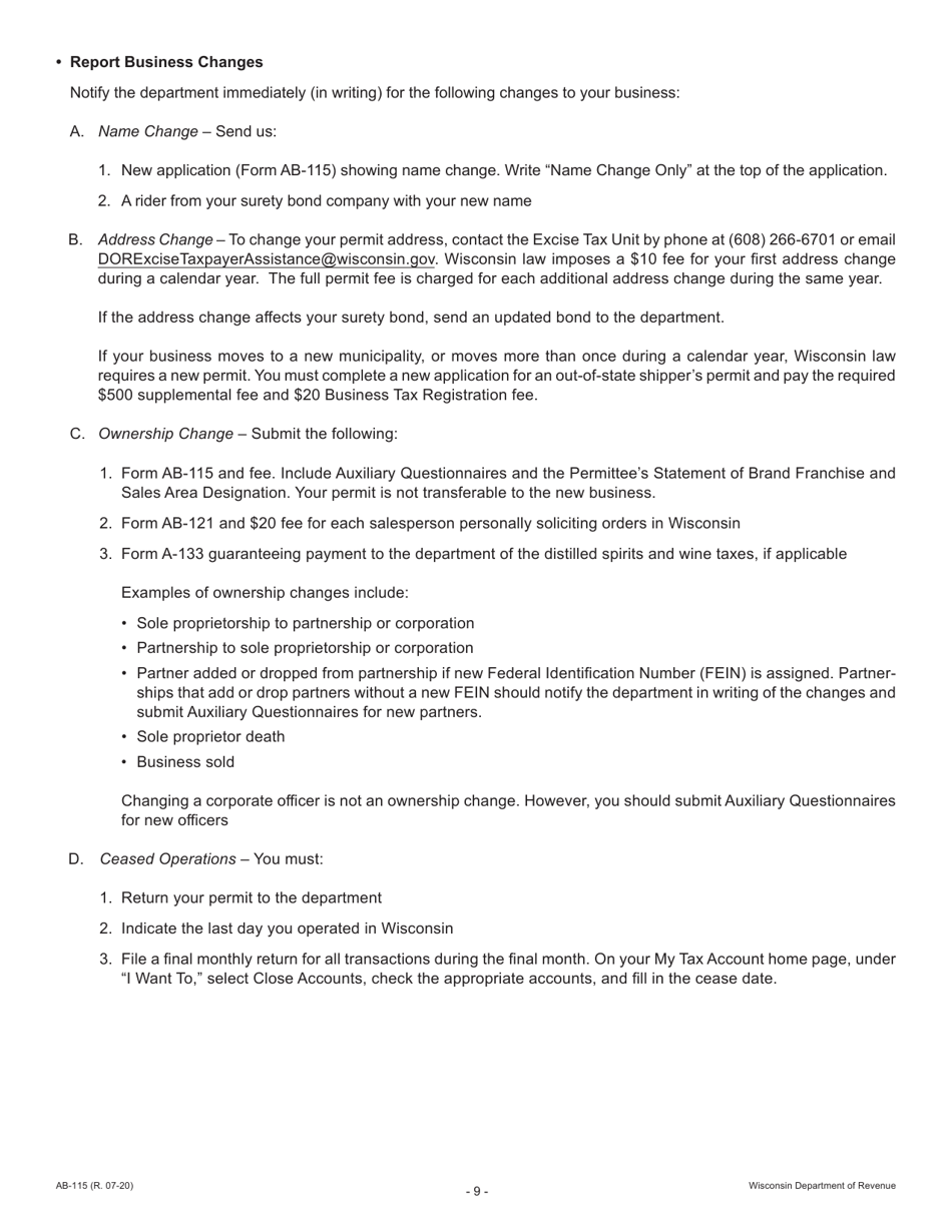 Form AB-115 Wisconsin Liquor / Wine Permit Application - Wisconsin, Page 9