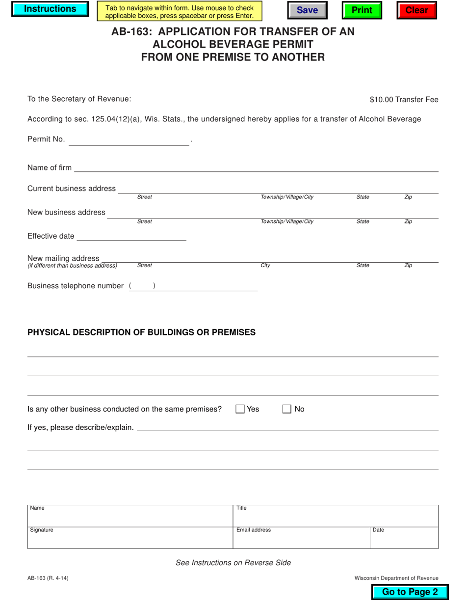 Form AB-163 Application for Transfer of an Alcohol Beverage Permit From One Premise to Another - Wisconsin, Page 1