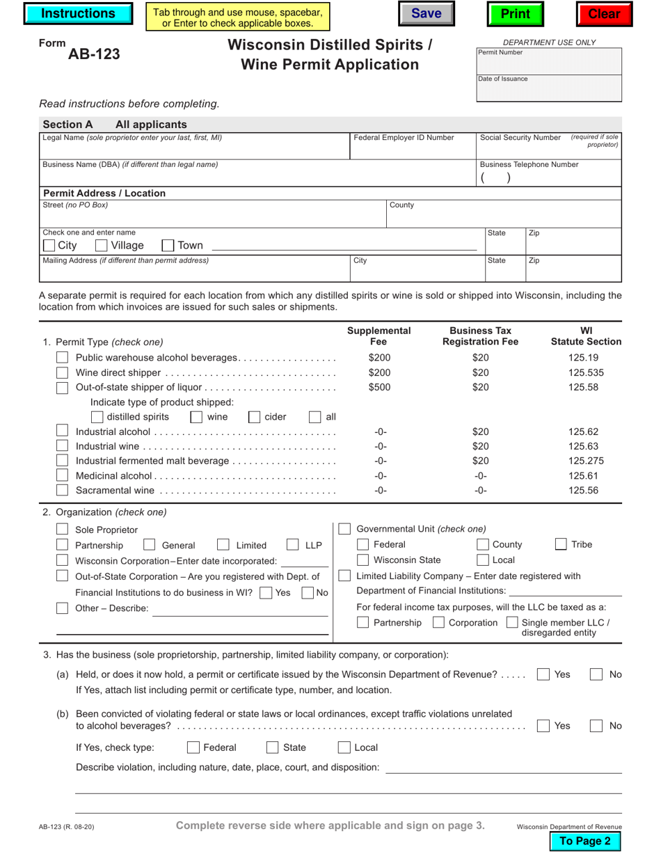 Form AB-123 Wisconsin Distilled Spirits / Wine Permit Application - Wisconsin, Page 1