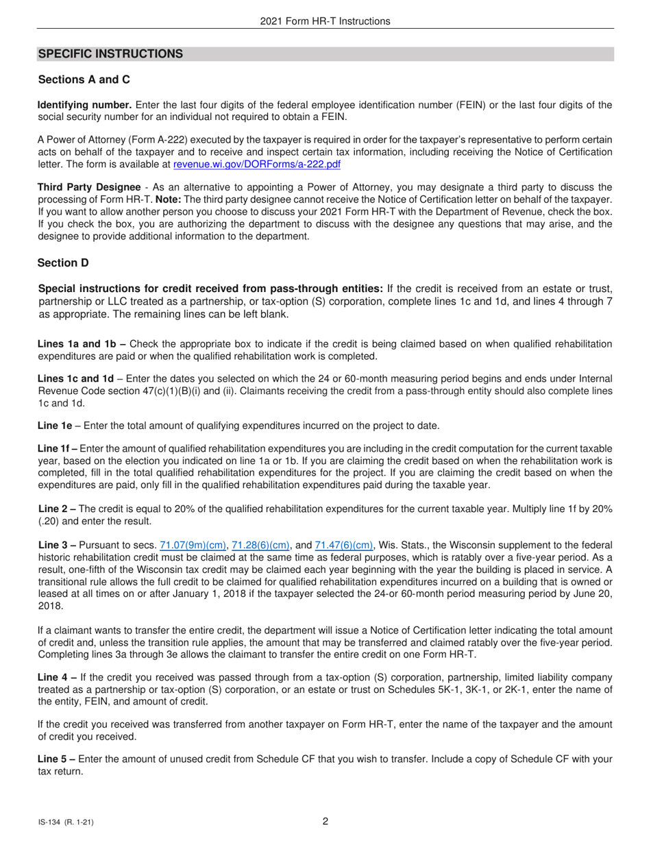 Instructions for Form HR-T, IC-134 Transfer of Supplement to Federal Historic Rehabilitation Credit - Wisconsin, Page 2