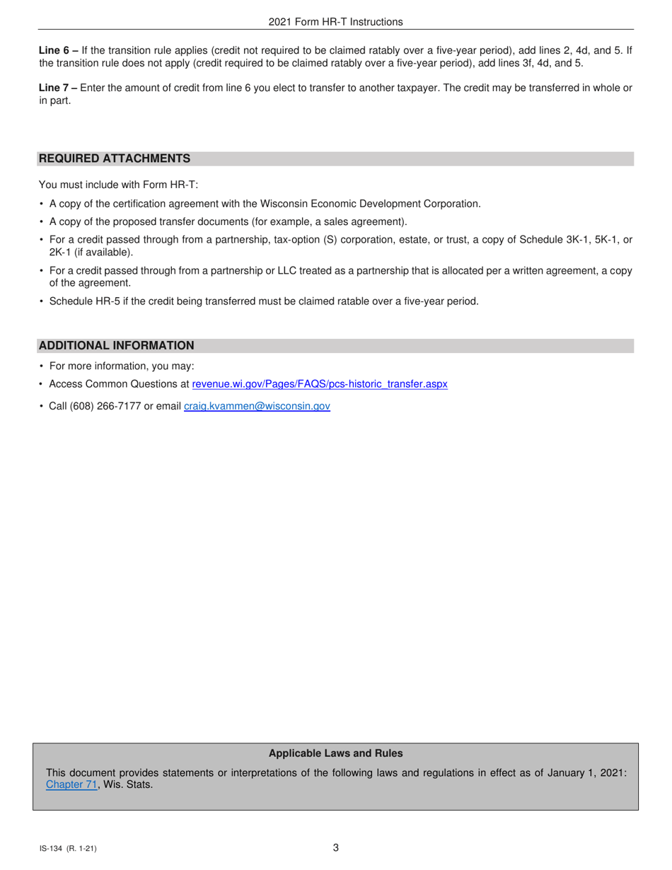 Instructions for Form HR-T, IC-134 Transfer of Supplement to Federal Historic Rehabilitation Credit - Wisconsin, Page 3