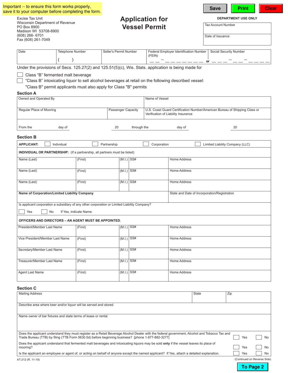 Form AT-212 Application for Vessel Permit - Wisconsin, Page 1