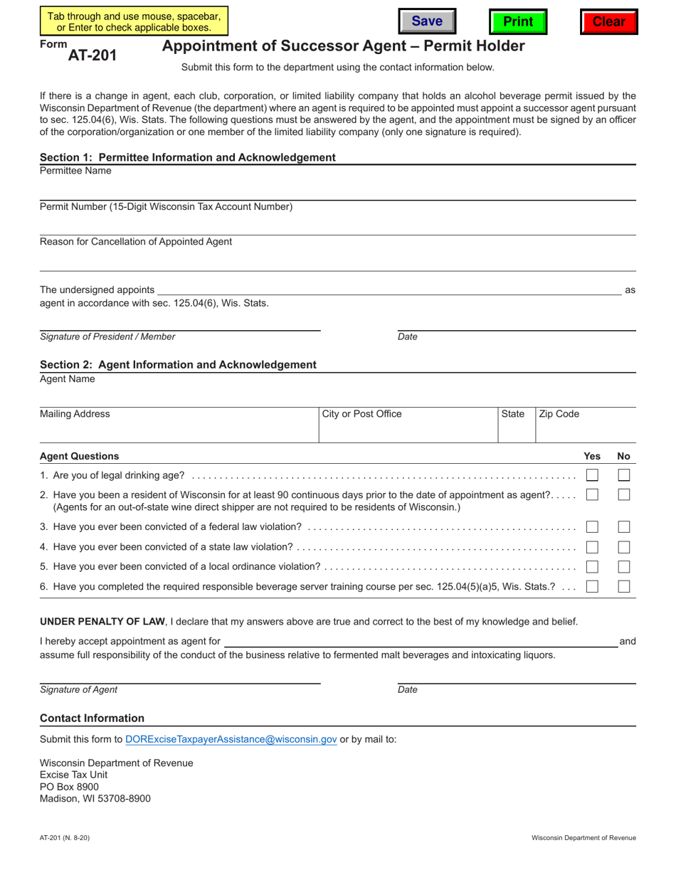 Form AT-201 Appointment of Successor Agent - Permit Holder - Wisconsin, Page 1