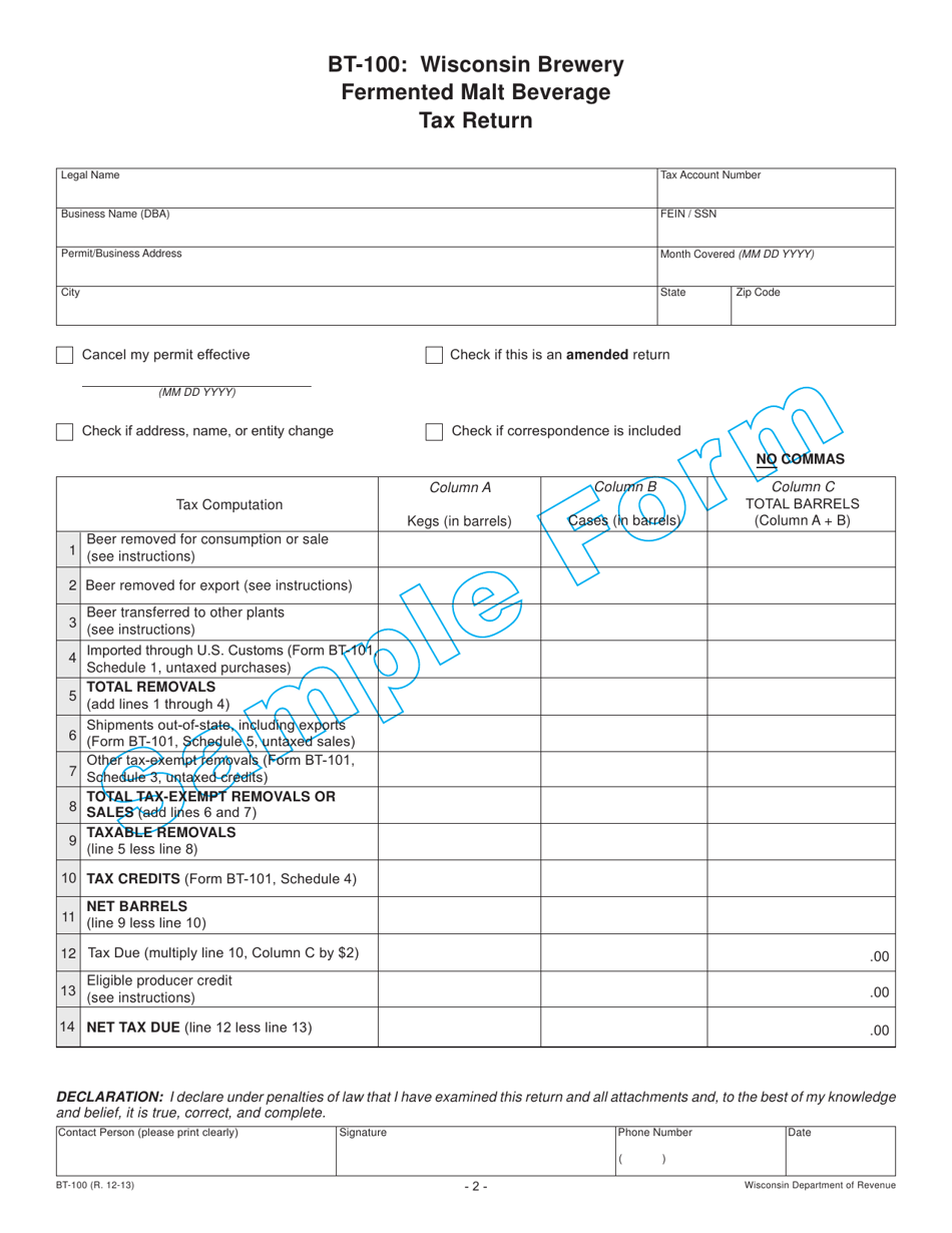 Form BT-100 Wisconsin Brewery Fermented Malt Beverage Tax Return - Sample - Wisconsin, Page 2