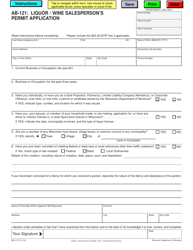 Form AB-121 Liquor/Wine Salesperson&#039;s Permit Application - Wisconsin