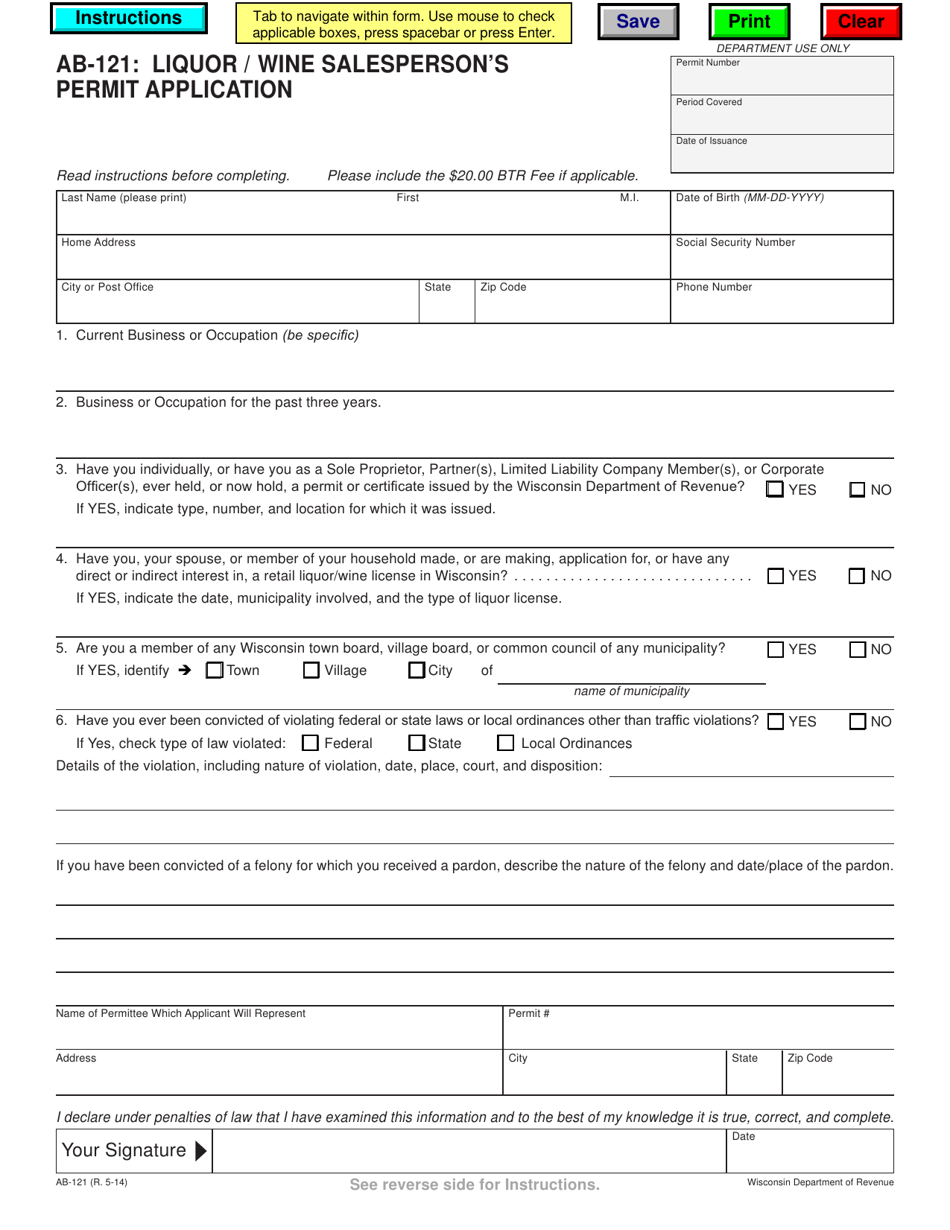 Form AB-121 Liquor / Wine Salespersons Permit Application - Wisconsin, Page 1