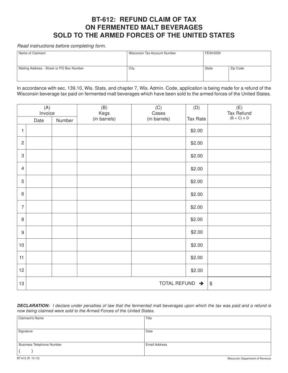 Form BT-612 Refund Claim of Tax on Fermented Malt Beverages Sold to the Armed Forces of the United States - Wisconsin, Page 1