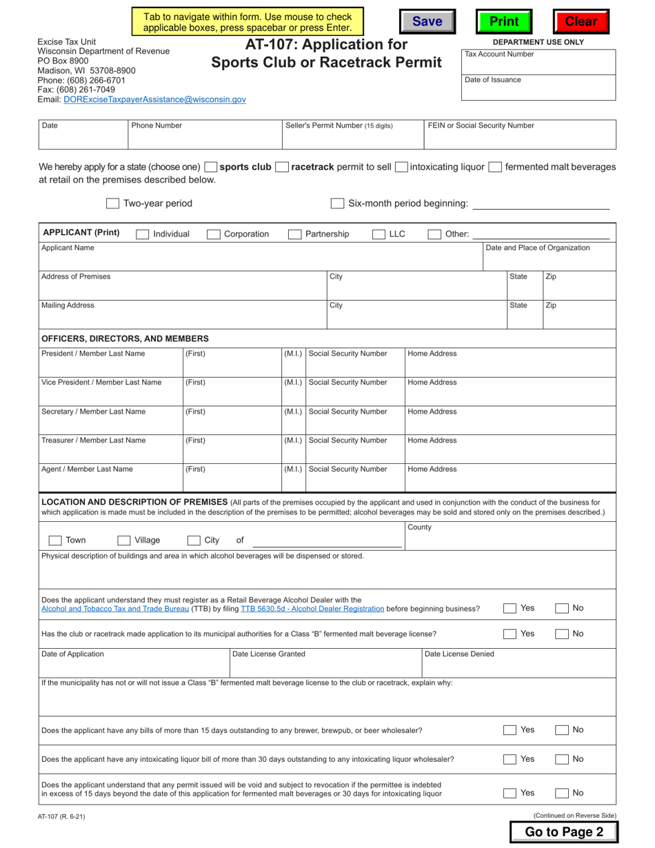 Form AT-107 Application for Sports Club or Racetrack Permit - Wisconsin, Page 1