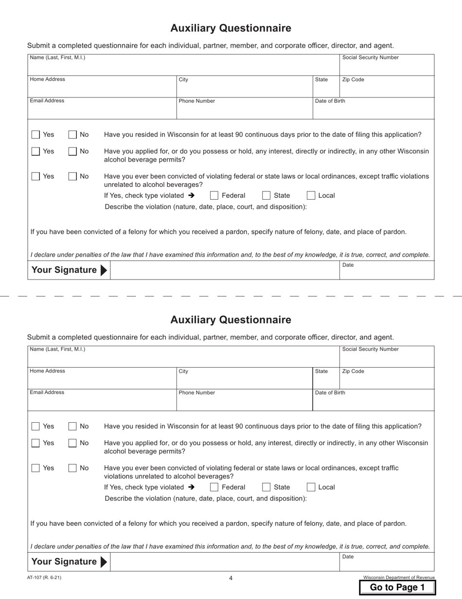Form AT-107 Application for Sports Club or Racetrack Permit - Wisconsin, Page 4