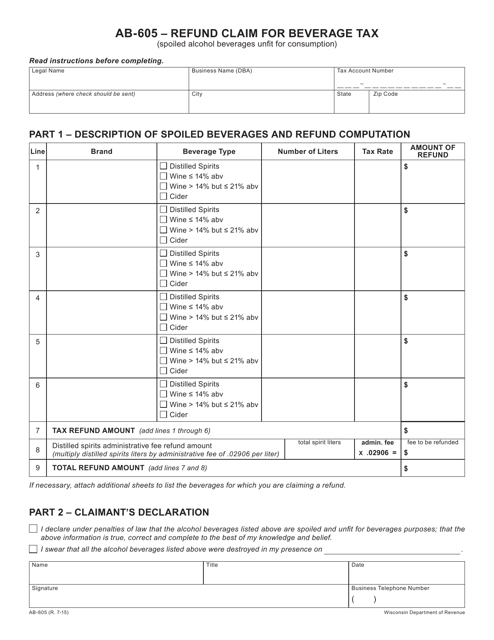 Form AB-605 Refund Claim for Beverage Tax - Wisconsin