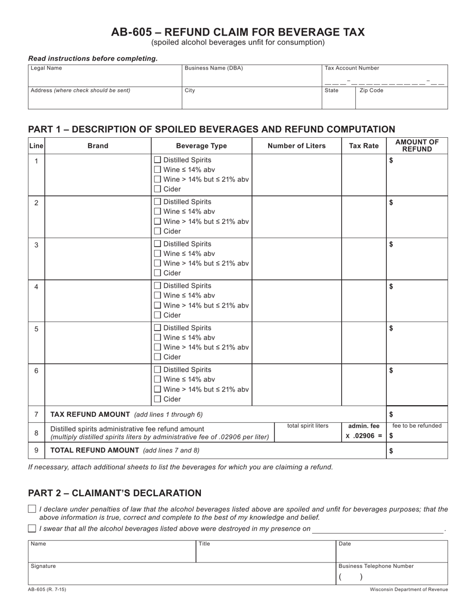 Form AB-605 Refund Claim for Beverage Tax - Wisconsin, Page 1