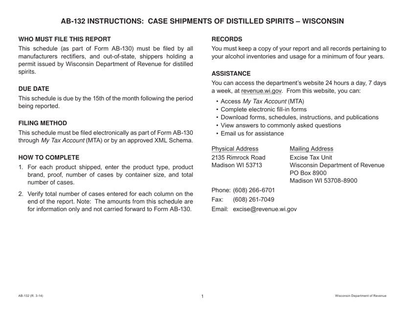 Form AB-132 Case Shipments of Distilled Spirits - Wisconsin - Sample - Wisconsin