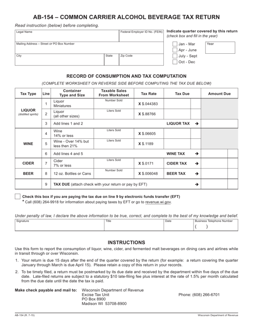 Form AB-154 Common Carrier Alcohol Beverage Tax Return - Wisconsin