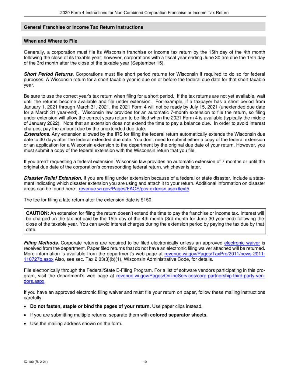 Instructions for Form 4, IC-040 Wisconsin Non-combined Corporation Franchise or Income Tax Return - Wisconsin, Page 10