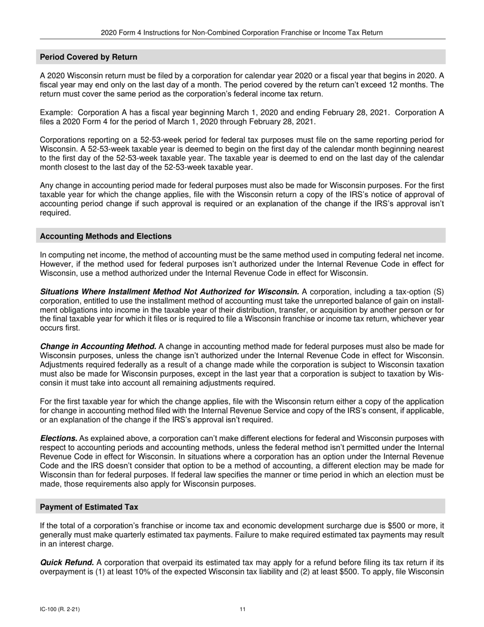 Instructions for Form 4, IC-040 Wisconsin Non-combined Corporation Franchise or Income Tax Return - Wisconsin, Page 11