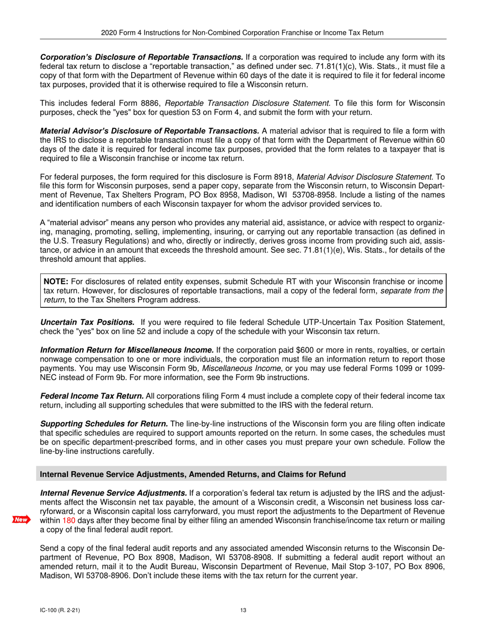 Instructions for Form 4, IC-040 Wisconsin Non-combined Corporation Franchise or Income Tax Return - Wisconsin, Page 13