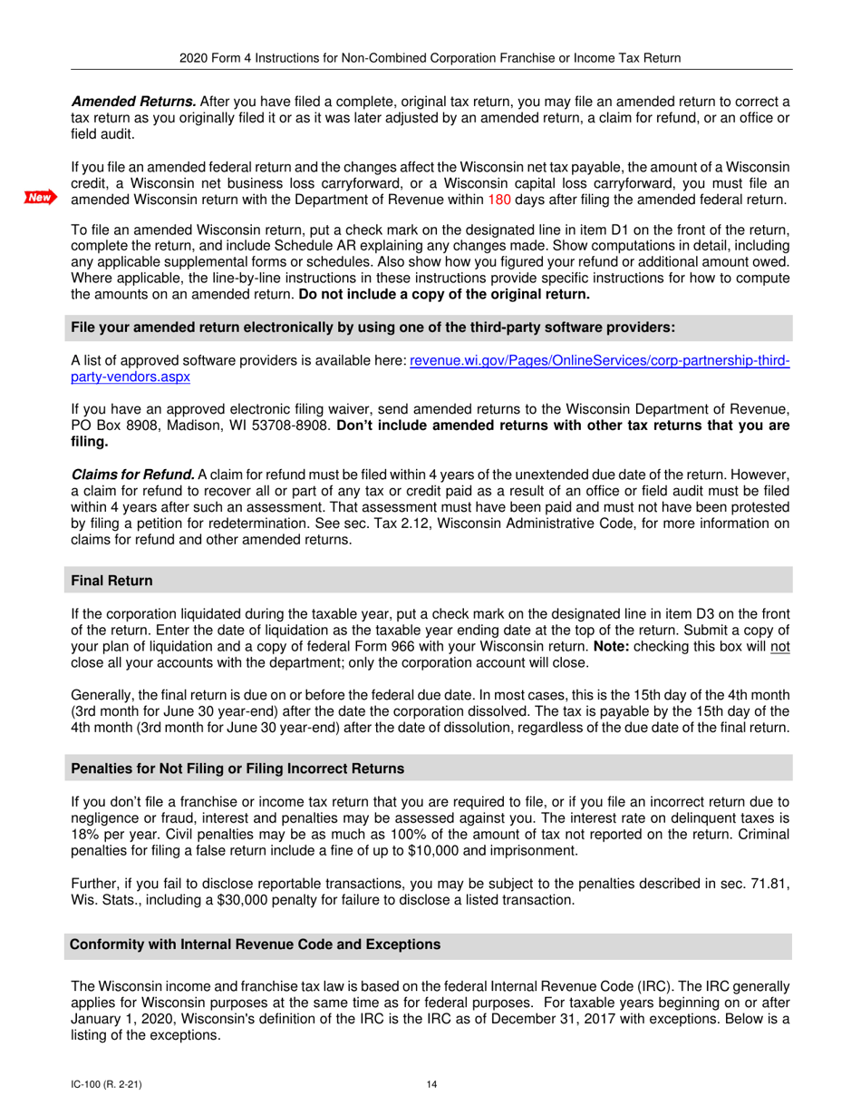 Instructions for Form 4, IC-040 Wisconsin Non-combined Corporation Franchise or Income Tax Return - Wisconsin, Page 14