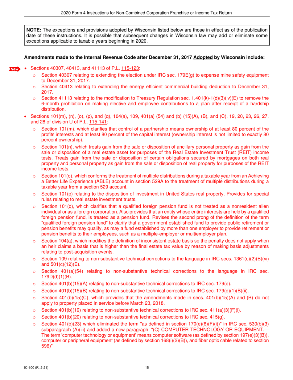 Instructions for Form 4, IC-040 Wisconsin Non-combined Corporation Franchise or Income Tax Return - Wisconsin, Page 15
