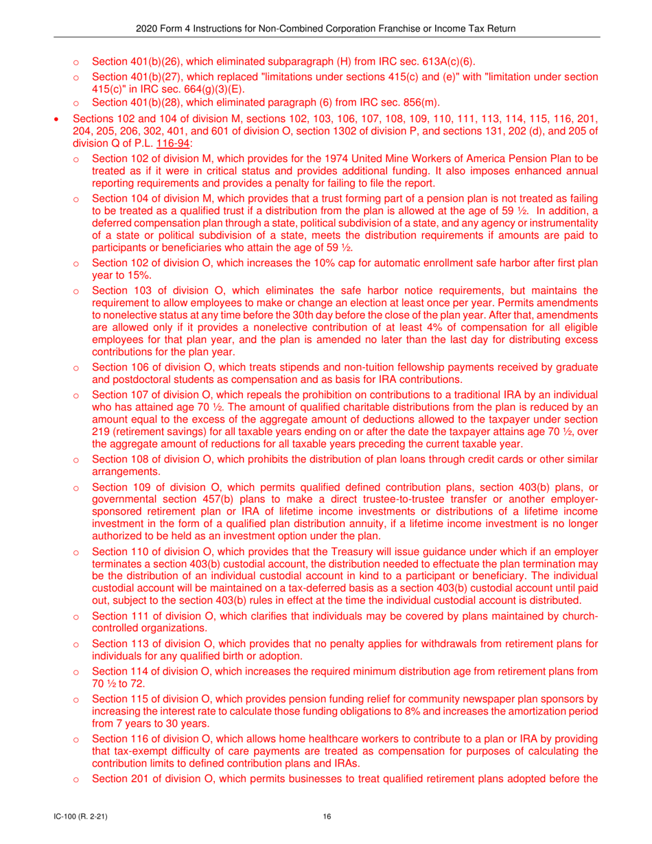 Instructions for Form 4, IC-040 Wisconsin Non-combined Corporation Franchise or Income Tax Return - Wisconsin, Page 16