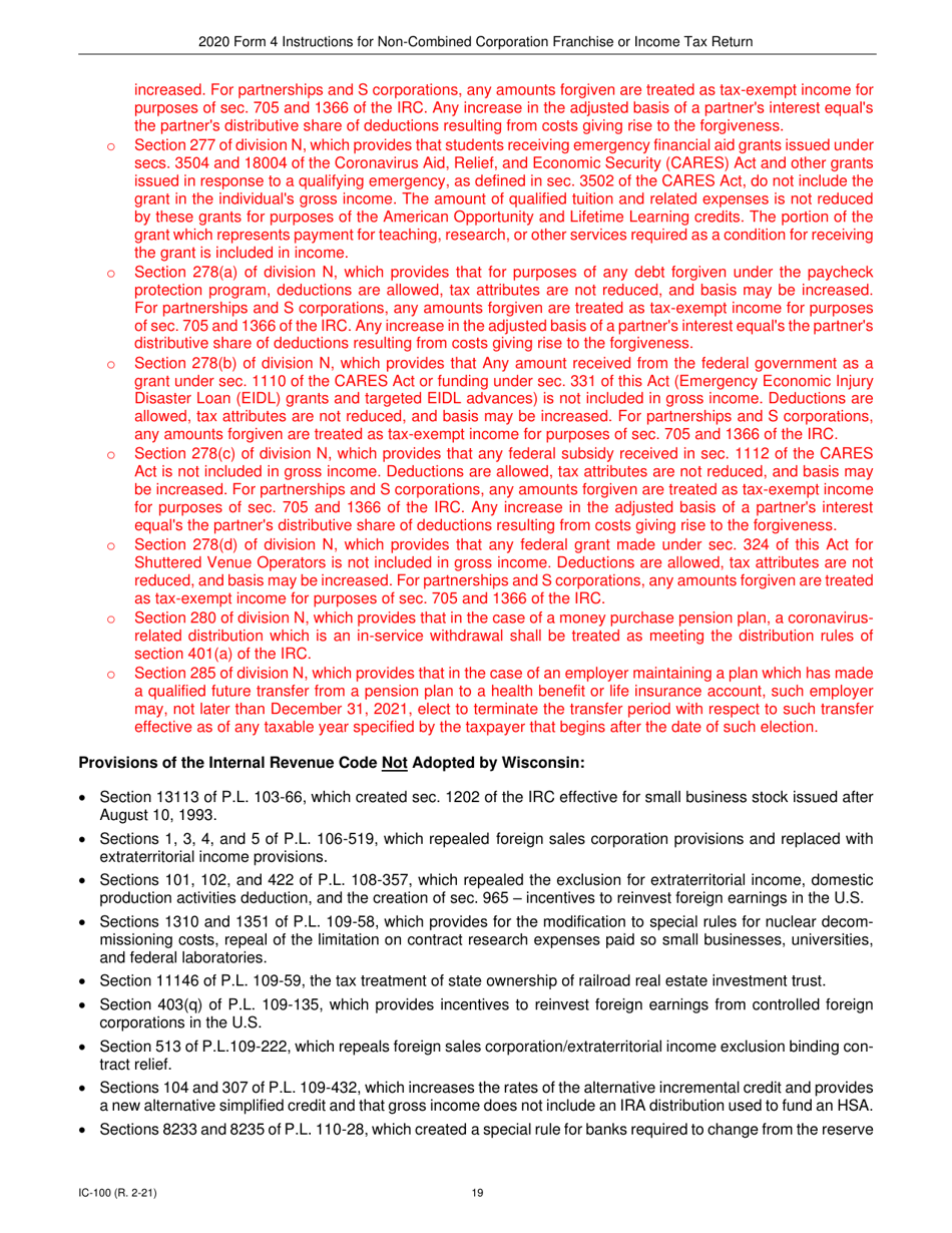 Instructions for Form 4, IC-040 Wisconsin Non-combined Corporation Franchise or Income Tax Return - Wisconsin, Page 19