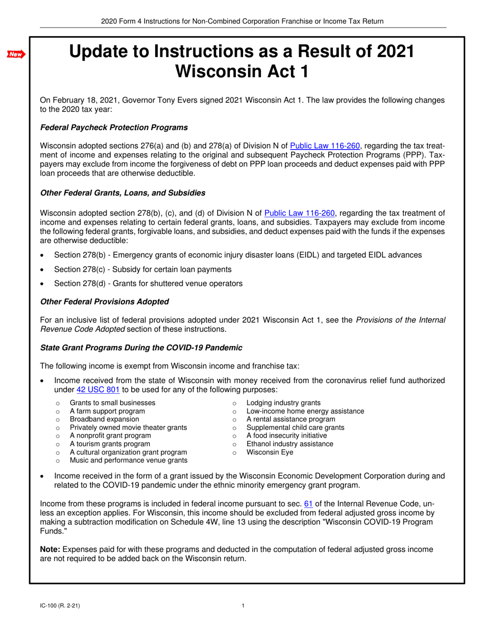 Instructions for Form 4, IC-040 Wisconsin Non-combined Corporation Franchise or Income Tax Return - Wisconsin, Page 1