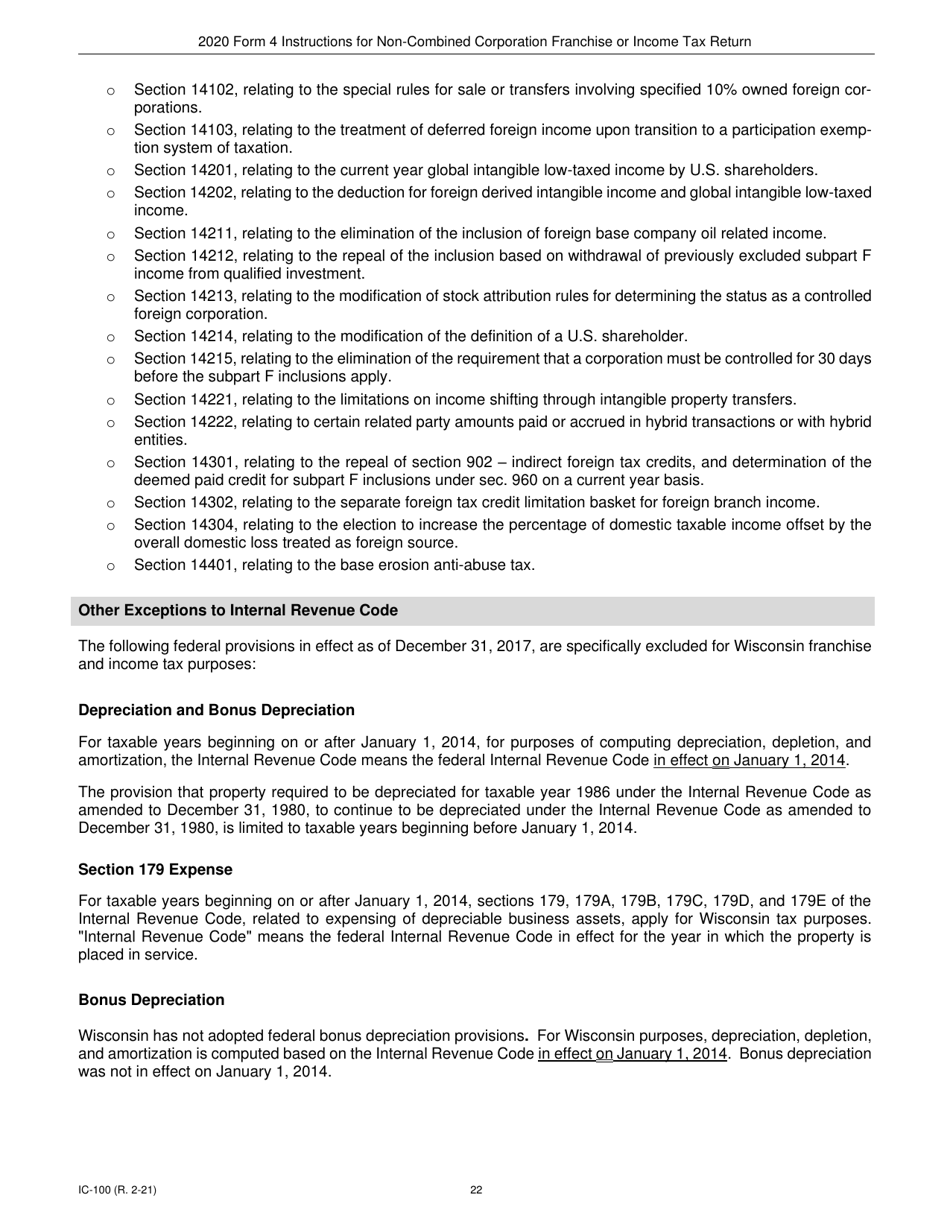Instructions for Form 4, IC-040 Wisconsin Non-combined Corporation Franchise or Income Tax Return - Wisconsin, Page 22