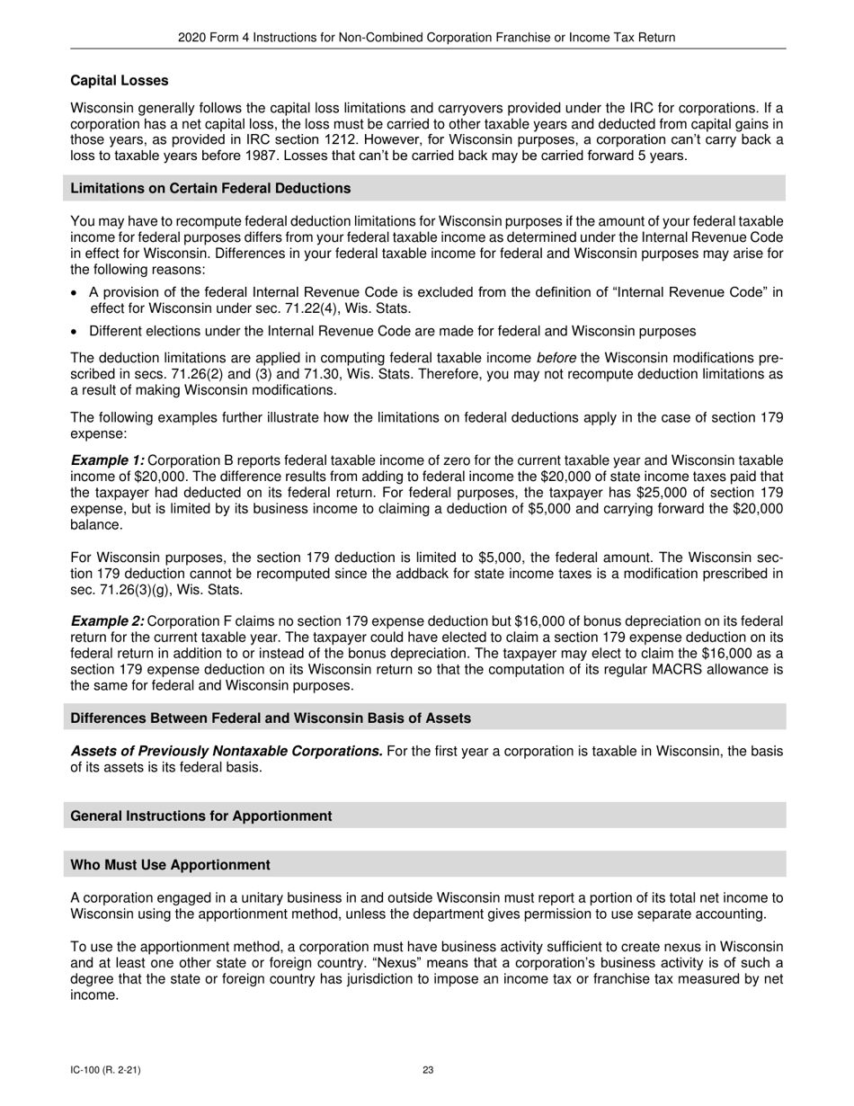 Instructions for Form 4, IC-040 Wisconsin Non-combined Corporation Franchise or Income Tax Return - Wisconsin, Page 23