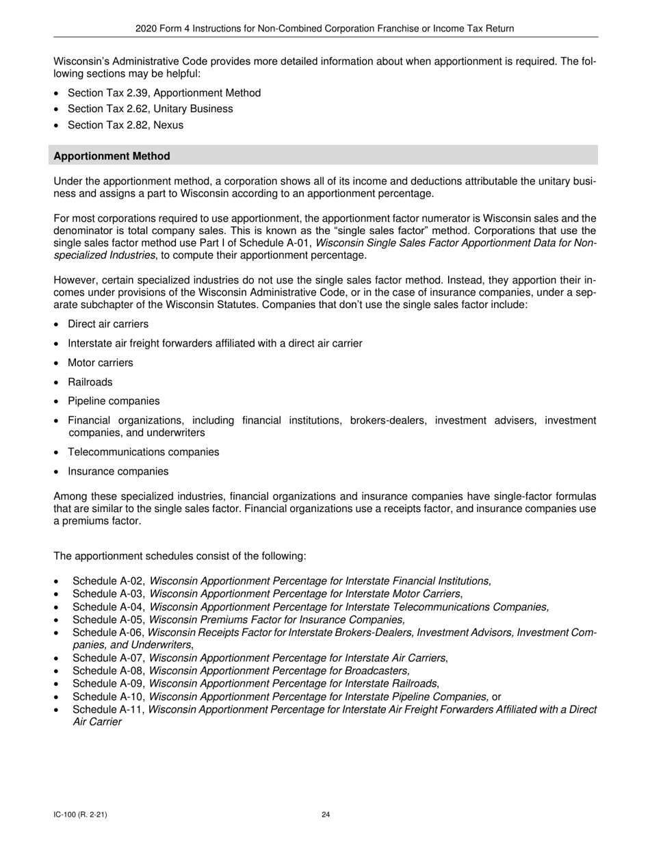 Instructions for Form 4, IC-040 Wisconsin Non-combined Corporation Franchise or Income Tax Return - Wisconsin, Page 24