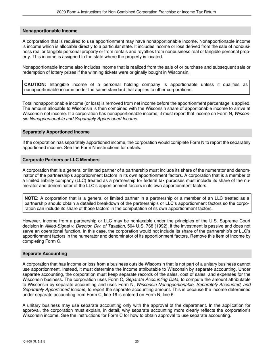 Instructions for Form 4, IC-040 Wisconsin Non-combined Corporation Franchise or Income Tax Return - Wisconsin, Page 25