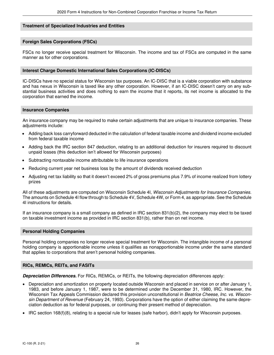Instructions for Form 4, IC-040 Wisconsin Non-combined Corporation Franchise or Income Tax Return - Wisconsin, Page 26