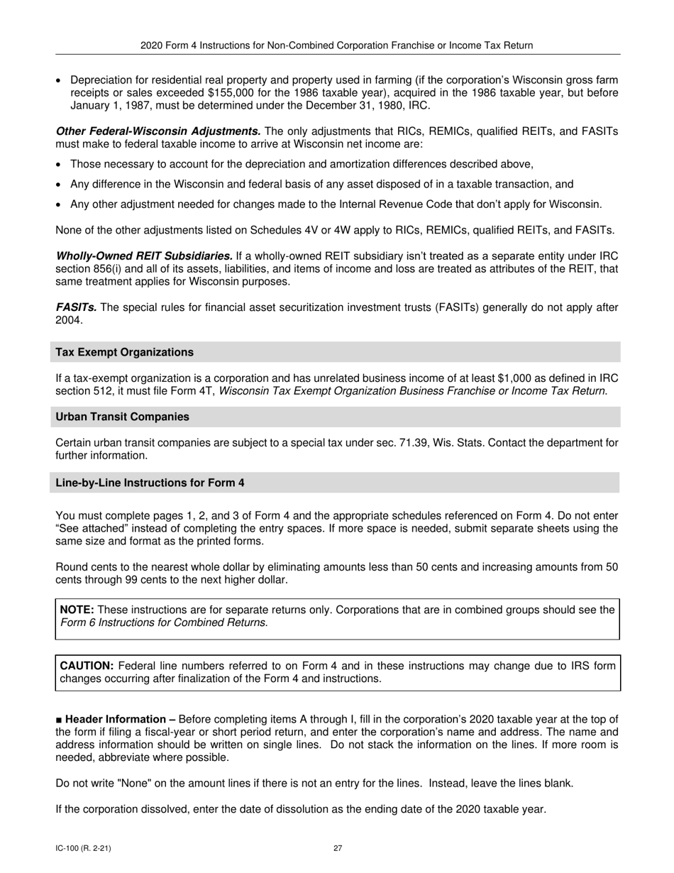 Instructions for Form 4, IC-040 Wisconsin Non-combined Corporation Franchise or Income Tax Return - Wisconsin, Page 27