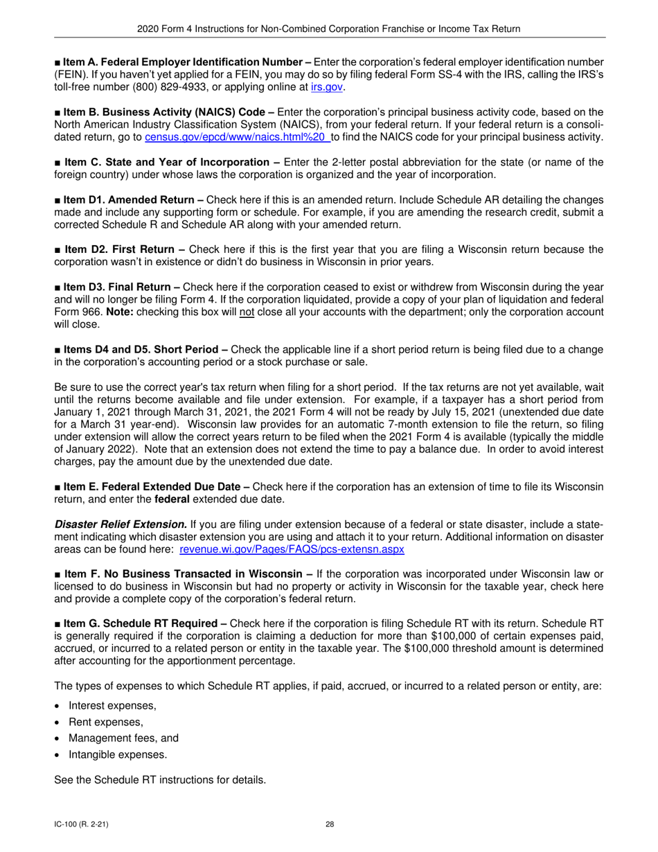 Instructions for Form 4, IC-040 Wisconsin Non-combined Corporation Franchise or Income Tax Return - Wisconsin, Page 28