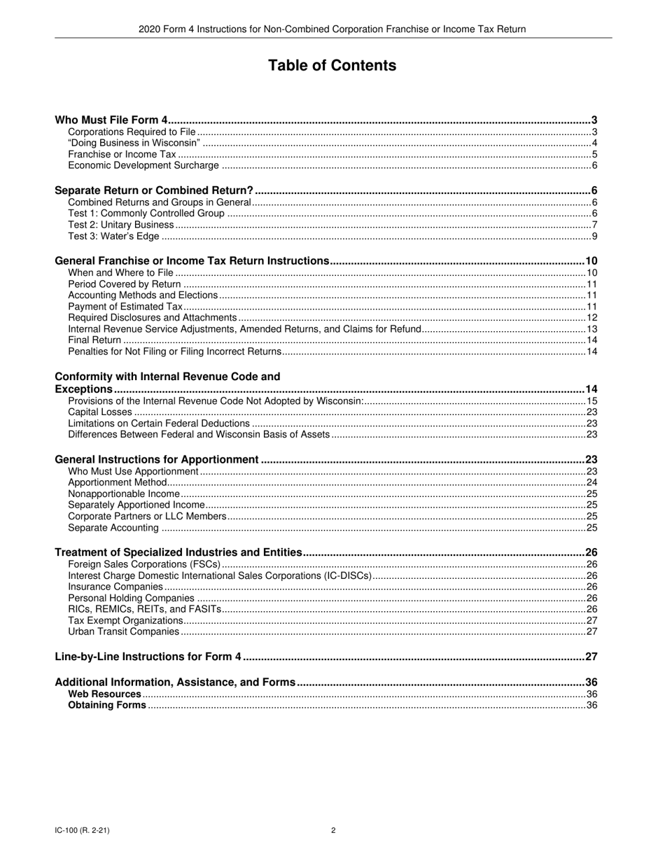 Instructions for Form 4, IC-040 Wisconsin Non-combined Corporation Franchise or Income Tax Return - Wisconsin, Page 2