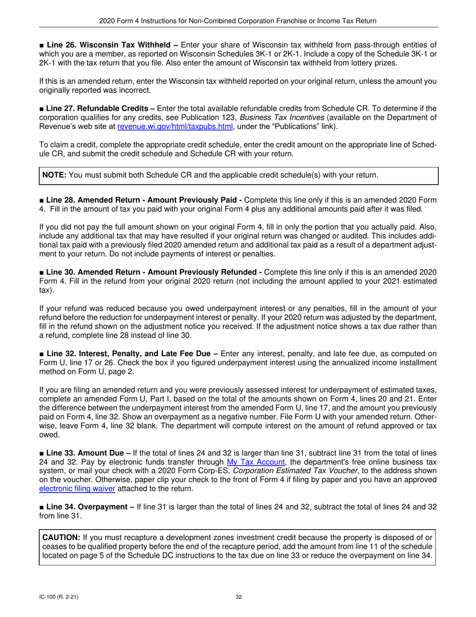 Instructions for Form 4, IC-040 Wisconsin Non-combined Corporation Franchise or Income Tax Return - Wisconsin, Page 32