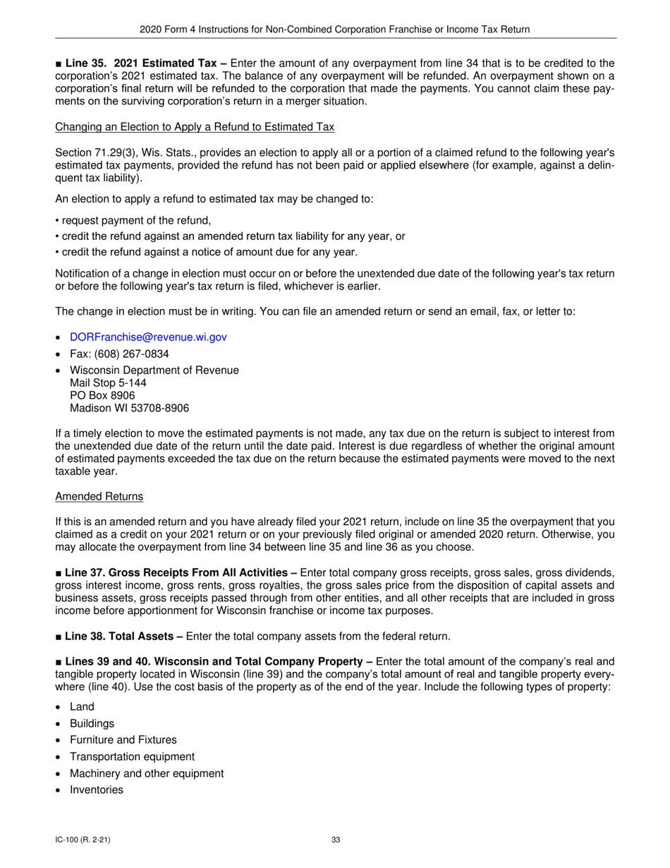 Instructions for Form 4, IC-040 Wisconsin Non-combined Corporation Franchise or Income Tax Return - Wisconsin, Page 33