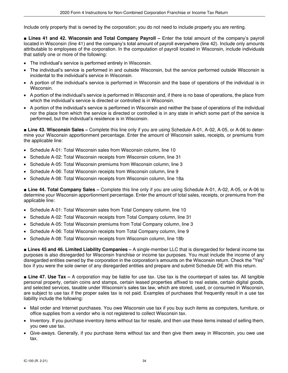 Instructions for Form 4, IC-040 Wisconsin Non-combined Corporation Franchise or Income Tax Return - Wisconsin, Page 34