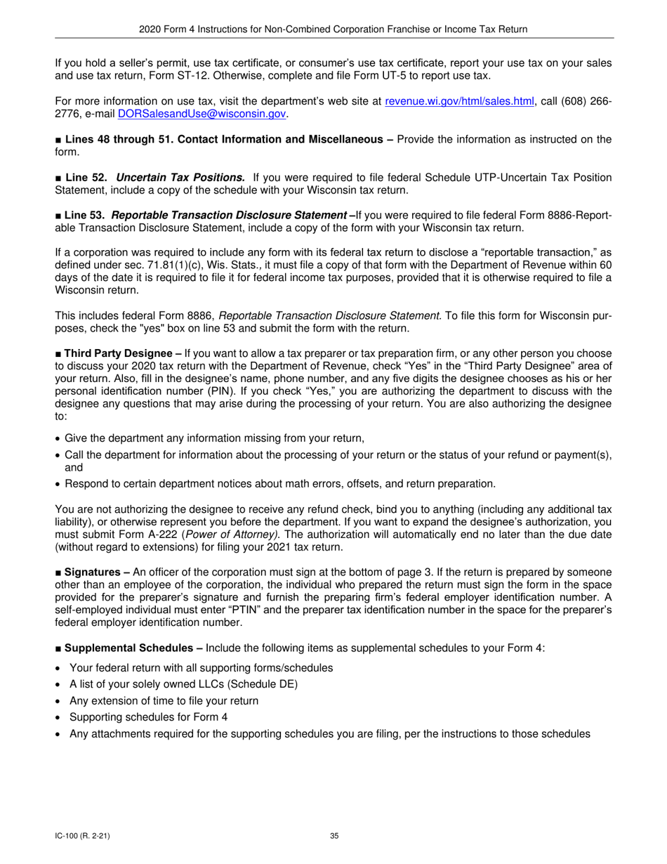 Instructions for Form 4, IC-040 Wisconsin Non-combined Corporation Franchise or Income Tax Return - Wisconsin, Page 35