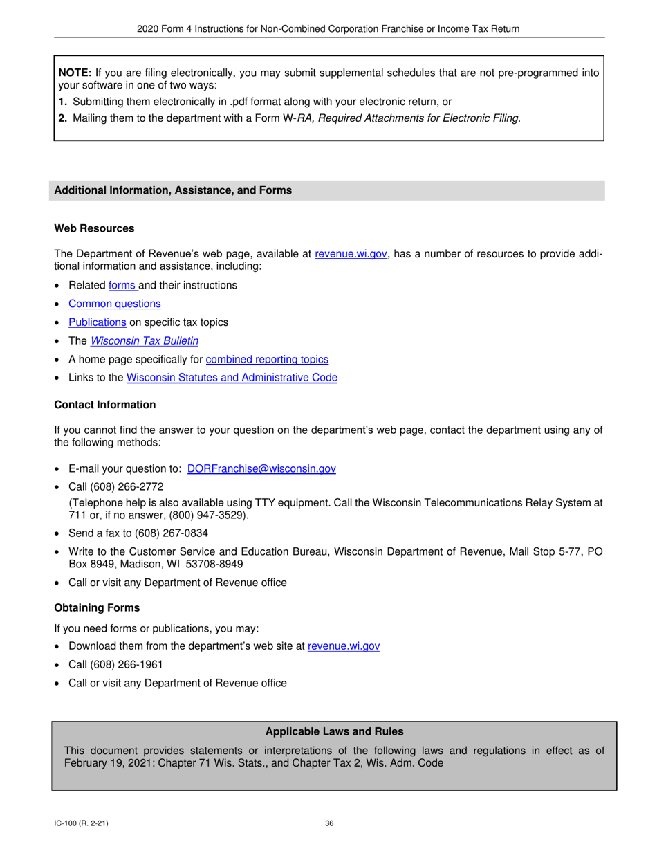 Instructions for Form 4, IC-040 Wisconsin Non-combined Corporation Franchise or Income Tax Return - Wisconsin, Page 36