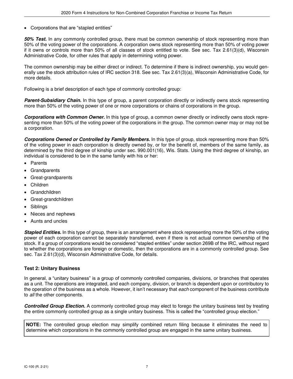 Instructions for Form 4, IC-040 Wisconsin Non-combined Corporation Franchise or Income Tax Return - Wisconsin, Page 7