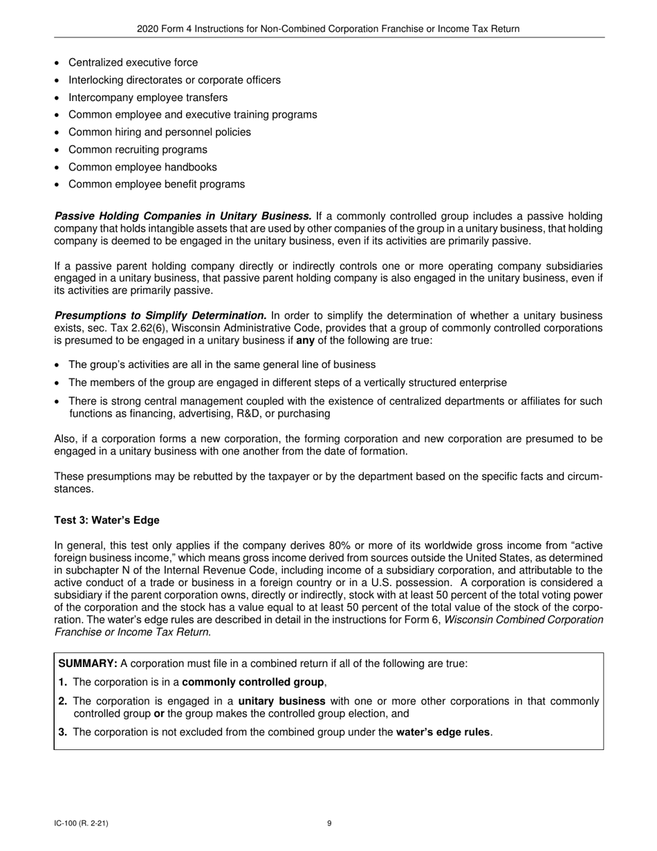 Instructions for Form 4, IC-040 Wisconsin Non-combined Corporation Franchise or Income Tax Return - Wisconsin, Page 9